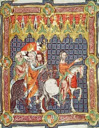 Fol. 10r Alfons VII (1105-57) i jego żona, Berenguela Barcelońska, prowadzeni na spotkanie z arcybiskupem, z rękopisu przedstawiającego koronacje królów Aragonii i Kastylii
