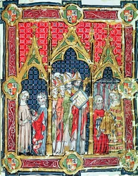 Fol. 13r: Koronacja królów Aragonii i Kastylii: Alfons VII (1105-57) ofiarowuje złoty chleb w obecności arcybiskupa Toledo, z Libro de los Testamentos