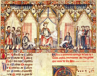 Fol.5r Dwór Alfonsa X (1221-84) Mądrego Króla Kastylii i Leona, miniatura z Cantigas de Santa Maria