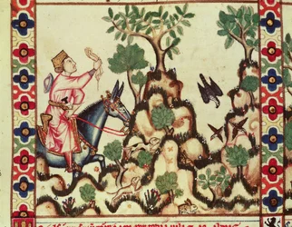 Fol.64r Polowanie na sokoła, z rękopisu sporządzonego pod kierunkiem Alfonsa X Mądrego Króla Kastylii i Leona