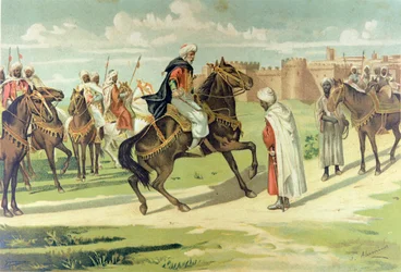 Generał Muza Ibn Nusayr biczujący swojego zastępcę Tarika za niepodporządkowanie się jego rozkazom podczas podboju Andaluzji i Estremadury (kolorowa litografia)