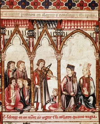 Grupa trubadurów, ilustracja z „”Cantigas de Santa Maria”””, wykonana pod kierunkiem Alfonsa X („Mądrego”) króla Kastylii i Leona (1221-84) - Dwór Króla i Muzycy. miniatura z rękopisu Pieśni Najświętszej Marii Panny (Cantig
