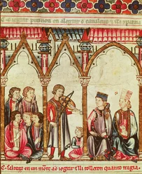 Grupa trubadurów, ilustracja z Cantigas de Santa Maria, wykonana pod kierunkiem Alfonsa X (Mądrego) króla Kastylii i Leona (1221-84) (patrz także 56625)