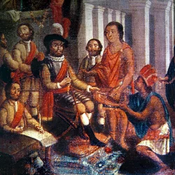 Hernando Cortes (1485-1547) odbierający hołd Azteków (olej na płótnie)