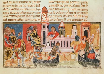 Historyczny inicjał „B” przedstawiający dwóch rycerzy w bitwie, z „Libre Verd”, ok. 1380 (welum)