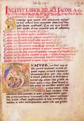Inicjał ornamentalny „Q” przedstawiający trzy smoki, pierwsza strona Przewodnika pielgrzyma do świętego Jakuba z Composteli, z „Codex Calixtinus”