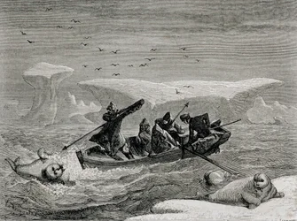 Polowanie na morsa z harpunami na Spitsbergenie, archipelag Svalbard, ilustracja z „Powrotu do świata”, 1865