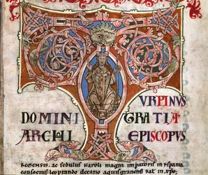 Inicjał T z przedstawieniem Karola Wielkiego, ilustracja z Codex Calixtinus, c.1140