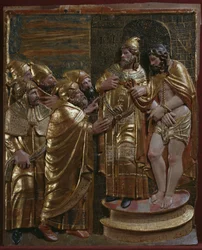 Jezus przed Kajfaszem, fragment renesansowego ołtarza (drewno malowane i złocone)