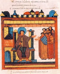 Król Dawid siedzący na tronie i otoczony swoim dworem, z wizygocko-mozarabskiej Biblii św. Izydora, fol. 126r., 960 n.e.
