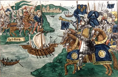 Król Ludwik IX (1214-70) i krzyżowcy przybyli do Kartaginy w 1270 (welum)