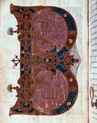 Lettryna B (Beatus). Miniatura zaczerpnięta z „Księgi godzin” Ferdynanda I (Fernando I de Leon y Castilla