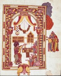 Sztuka mozarabska: „” świątynia jerozolimska, Aaron jest przedstawiony jako arcykapłan przed ołtarzem”. Miniatura z Biblii mozarabskiej. X wiek. Leona. Biblioteka Królewskiej Kolegiaty św. Izydora. Hiszpania