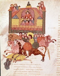 Strona biblii mozarabskiej: śmierć królowej Izebel, strona z biblii mozarabskiej