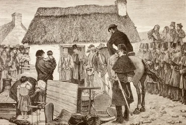 Ubodzy dzierżawcy eksmitowani z domu podczas kryzysu Irish National Land League, z „La Ilustración Española y Americana” z 1881 roku