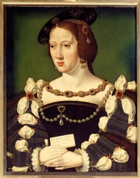 Portret Eleonory Habsburgów, arcyksiężnej austriackiej (1498-1558) Królowej Francji, żony króla Francji Franciszka I Malarstwo Szkoły Hiszpańskiej. 16 wiek. Chantilly, Muzeum Conde