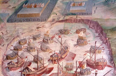 Regaty hiszpańskich galeonów podczas wyprawy na Akory w 1582 roku pod dowództwem Filipa II (1527-1598), króla Hiszpanii. Fresk z XVI wieku. Sala bitew, Pałac Escorial, Madryt.