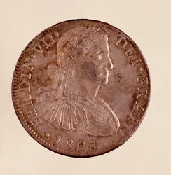 Srebrna moneta (8 reali) z Hiszpanii: panowanie Ferdynanda VII (Ferdynanda) (1808-1833). 1808 średnica 3,9 cm Neapol, muzeum archeologiczne