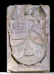 Naszywka hiszpańska z XIV wieku: herb Kastylii i Leona, laska peleryny evoque Saint Jacques de Compostela, zachowana w opactwie cystersów w Fontenay, Burgundia (herb Kastylii i Leon, Hiszpania