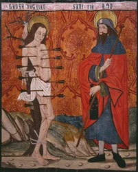 Św. Sebastian i Św. Jakub Wielki, panel z kościoła San Andres z Tortury, koniec XV-początek XVI wieku (drewno malowane) (patrz także 345849)