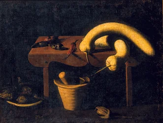 Martwa natura z papryką i dyniami na ławce z moździerzem i tłuczkiem i martwymi ptakami, ok. 1620 (olej na płótnie)
