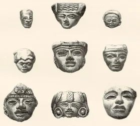 Kamienne głowy i maski znalezione w Teotihuacan w Meksyku przez Desiré Charnaya podczas jego wyprawy w latach 1880-1883
