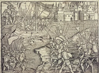 Podbój Peru, ilustracja z „Ogólnej historii Indii i Nowego Świata” autorstwa Francisco Lopeza de Gomara (ur. 1510) 1554 (rycina)