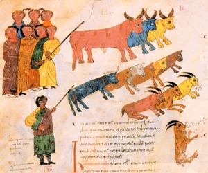Hebrajczycy opuszczają Egipt ze swoim żywym inwentarzem, z Wizygotycko-Mozarabskiej Biblii św. Izydora, fol.38v., AD 960 (tempera na welinie)
