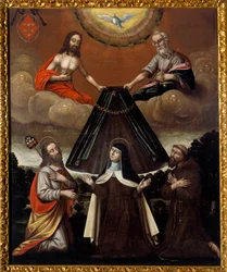 Trójca Święta trzymająca płaszcz św. Teresy z Avila Zwana także Teresą od Jezusa, reformatorką Karmelu (zm. 1582). Malarstwo Szkoły Hiszpańskiej. XVII wiek. Saint Denis, Muzeum Sztuki i Historii