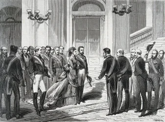 Król Hiszpanii Amedeusz I (Amedeo Ferdinando Maria di Savoia) (1845-1890) i jego żona królowa Maria Victory dal Pozzo della Cisterna (1847-1876) przybyli do Pałacu Królewskiego w Madrycie 19.03.1871. Grawerowanie z „La Ilustracion Espanola y America