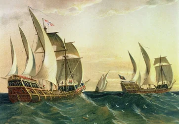 „Pinta”, „Nina” i „Santa Maria” płynące w kierunku Indii Zachodnich w 1492 r., z „Odkrycia Ameryki”