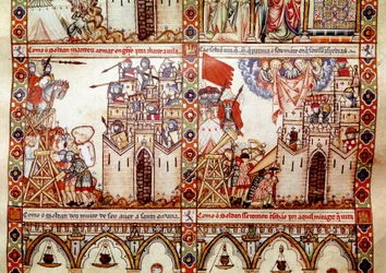 Saraceni oblegali chrześcijańskie miasto Fragment z jednej strony zaczerpnięty z rękopisu Pieśni Najświętszej Marii Panny (Cantigas de Santa Maria), zdobienie miniatur poświęconych Najświętszej Marii Pannie i jej cudom, zbiór pieśni przeredagowanych pod pa