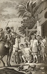 Hiszpański podbój Chile przez Alonso de Ercilla, z „La Araucana”, publikacja Barcelona, 1827 (rycina)