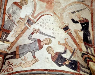 Cykl miesięcy: rzeź niewiniątek. Fragment fresku z XII wieku z Królewskiego Panteonu Real Colegiata de San Isidoro (Królewska kolegiata św. Izydora). León. Hiszpania