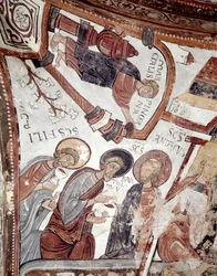 Cykl miesięcy: sługa podaje napój apostołom (św. Andre, św. Barthelemy i św. Filip). Fragment fresku z XII wieku z Królewskiego Panteonu Real Colegiata of San Isidoro (Royal Collegiale of Saint Isidore). Leona. Hiszpania