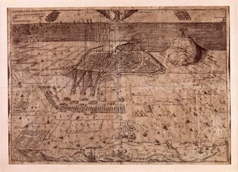 Podniesienie Katalonii lub wojna żniwiarzy (1640-1659), kwatera główna Barcelony drogą morską i lądową przez wojska Filipa IV Hiszpańskiego (1605-1665). Grawerowanie 1652. Muzeum Historii Miasta, Barcelona.