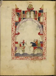 Trzy kobiety zanurzają naczynia w basenie. Iluminowany rękopis hiszpańsko-mauretańskiej Hagady, ok.1300, Hiszpania, Or. 2737, fol. 90