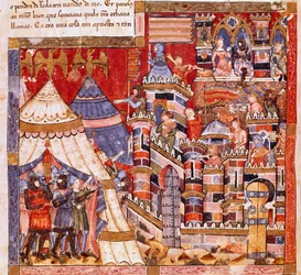 Wojna trojańska: miasto Troja i obóz grecki. Fragment miniatury z hiszpańskiego rękopisu „Codex Benito de Santa Mora””