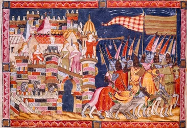 Wojna trojańska: miasto Troja i armia trojańska wyruszająca do bitwy. Fragment miniatury z hiszpańskiego rękopisu „Codex Benito de Santa Mora””
