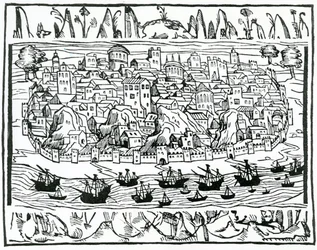 Widok na Lizbonę z Libro de Grandezas y cosas Memoralder de Espana autorstwa Pedro Medina, 1548