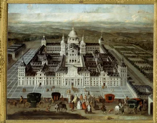 Widok na Pałac Escorial w Hiszpanii zbudowany przez Filipa II w XVI wieku. Anonimowe malarstwo hiszpańskie z XVII wieku. Olej na płótnie. Wymiary: 1,89 x 2,41m.