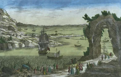 Widok francuskiego desantu w celu założenia nowej kolonii w porcie New Cayenne, Gujana Francuska, 1762