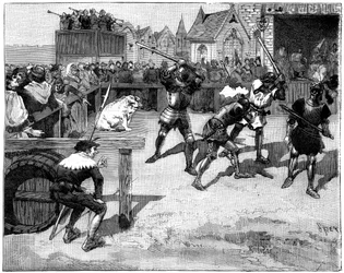 Czterech niewidomych ustawionych w ringu do walki z dużą świnią, XIV-XV w. 1882-1884.