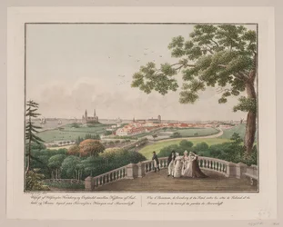 Widok na Helsingør, Kronborg i Øresund pomiędzy wybrzeżami Zelandii i Skanii. Znak na tarasie w hange na Marienlyst