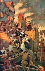 Wielki pożar Londynu w 1666 roku, ilustracja z dzieła Hutchinsona „The Story of the British Nation”, około 1920