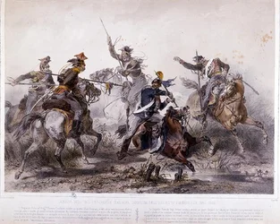 Bohaterski incydent podczas kampanii piemonckiej podczas włoskiej wojny o niepodległość w 1848 r. (litografia kolorowa)