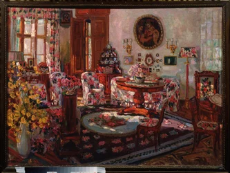 Wnętrze rezydencji Brasovo. Malarstwo Stanisława Julianowicza Żukowskiego (Żukowski) (1873-1944), olej na płótnie