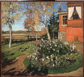 Kwietnik. (Przed domem i wiejskim krajobrazem). Malarstwo Stanisława Julianowicza Żukowskiego (Żukowski) (1873-1944), olej na płótnie
