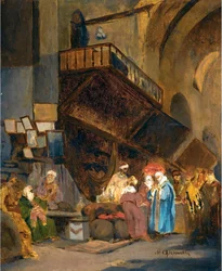 Bazar a Konstantynopol - Peinture de Stanisław Chlebowski (1835-1884), orientalizm - Bazar w Konstantynopolu - Olej na drewnie Stanisława Chlebowskiego (1835-1884) - 26x21 cm - Kolekcja prywatna
