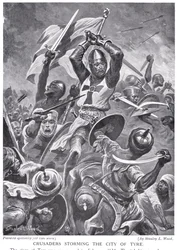 Krzyżowcy szturmujący miasto Tyr, ilustracja z "Hutchinson